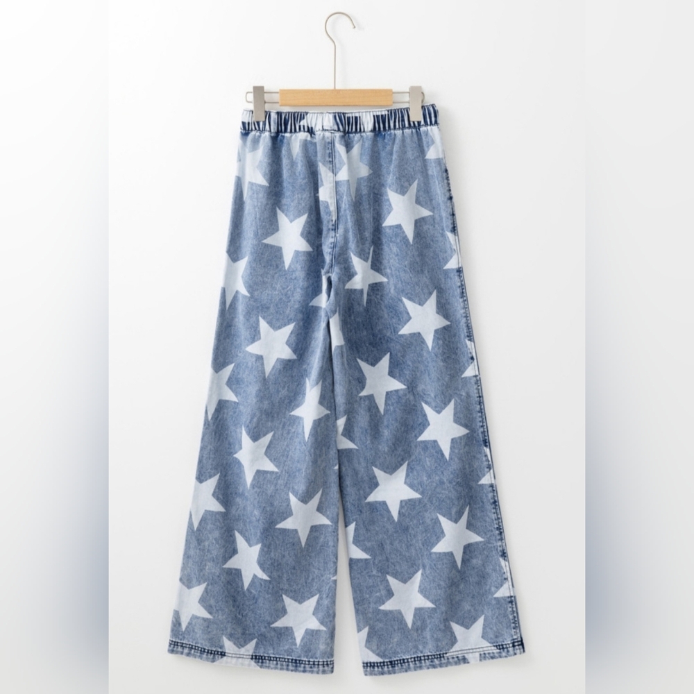 Light Blue Star Print Light Wash Drawstring High Waist Wide Leg Jeans - Picture 3 of 11